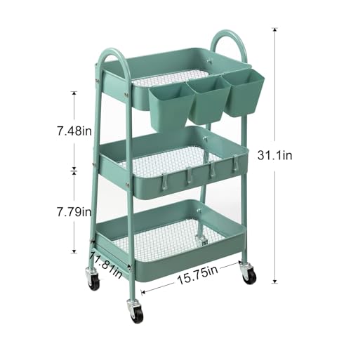 danpinera 3-Tier Rolling Cart, Utility Cart Mobile Metal Rolling Storage Cart with Lockable Wheels & Hanging Cups & Hooks for Kitchen, Bathroom, Office, Workshop, Green