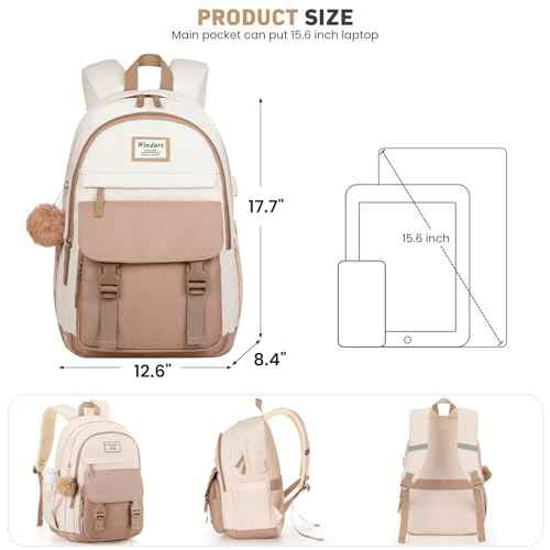 School Backpack for Teen Girls, Cute College Backpacks for Women Students Aesthetic Bookbag Large 15.6 Inch Laptop Bag Middle School Travel Back Pack (Khaki Beige)
