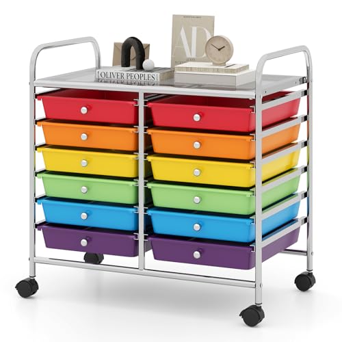 RELAX4LIFE 12-Drawer Rolling Storage Cart, Colorful 24.5'' Mobile Craft Organizer