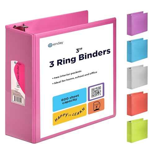 3 Inch 3 Ring Binder Pink, Slant D-Ring 3¡± Clear View Cover with 2 Inside Pockets, Heavy Duty Colored School Supplies Office and Home Binders ? by Enday
