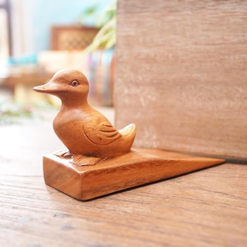 NOVICA Animal Themed Wood Doorstop, Brown, Helpful Duck in Brown'