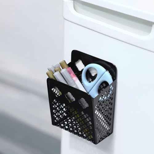 Magnetic Pen Holder, Mesh Metal Strong Magnet Dry Erase Marker Holder Pencil Organizer Small Items Basket for Refrigerator, Whiteboard, Locker Accessories-Black