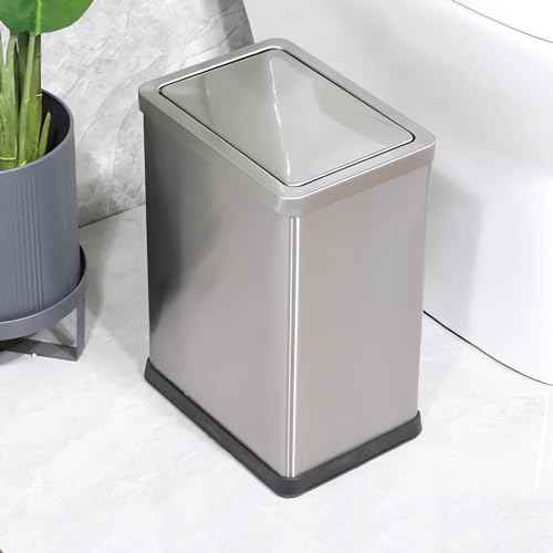 2.6 Gallon Small Office Bathroom Trash Can with Swing Lid,Living Room Bedroom Garbage can Wastebasket bin,Metal Decor Trash Can(Stainless Steel)