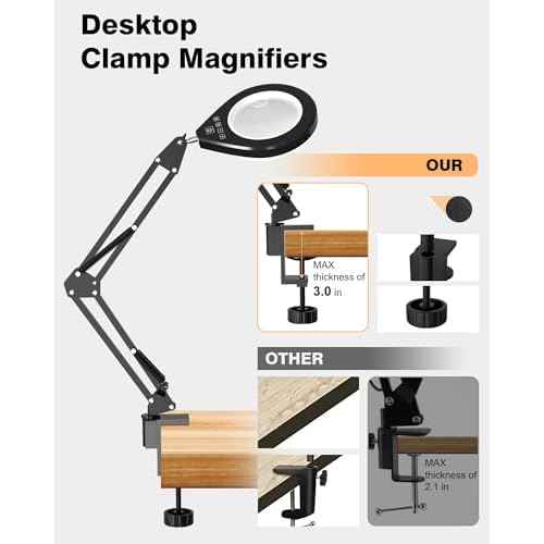 Lighted Magnifying Glass, 10X & 5X Magnifying Glass with Light, Dimmable Magnifier with Lamp, Adjustable 10 Level Brightness and 5 Color Desktop Clamp Magnifiers for Craft Painting Workbench (White)