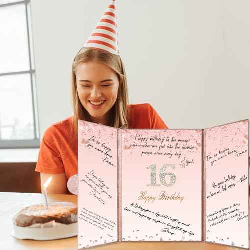Crenics Sweet 16 Birthday Decorations, Creative Rose Gold 16th Birthday Guest Book Alternative, Large 16th Birthday Signature Book 12" x 18", Great 16 Years Old Birthday Gifts for Girls