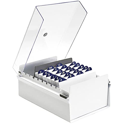 Acrimet 4 x 6 Card File Holder Organizer Box Metal Base Heavy Duty (AZ Index Cards and Divider Included) (White Color with Clear Crystal Plastic Lid Cover)