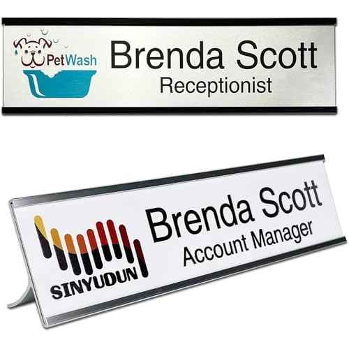 2" x 8" Personalized Aluminum Name Plates, Custom Office Desk or Wall Name Plates, Can Add Logo Image and Texts, Two Colors Silver, White, Holders are Optional (Custom Image+Text)