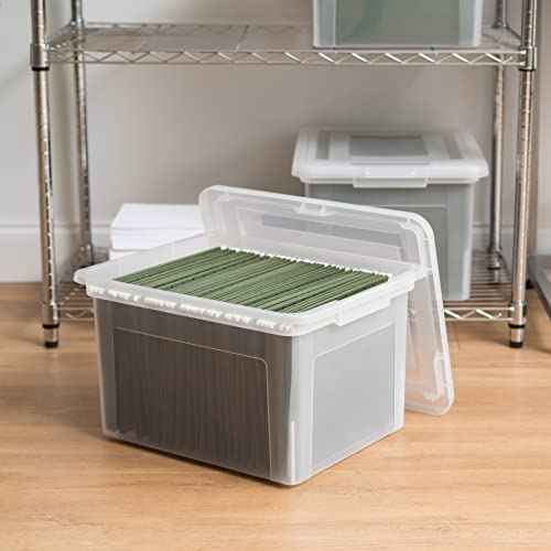 IRIS USA File Box, Plastic File Boxes With Lids, Document Organizer for Letter/Legal File, Document Box, Storage Bin For Hanging Files, Secure Latching Lid Stackable BPA-Free, Clear 35 Qt. 1 Pack