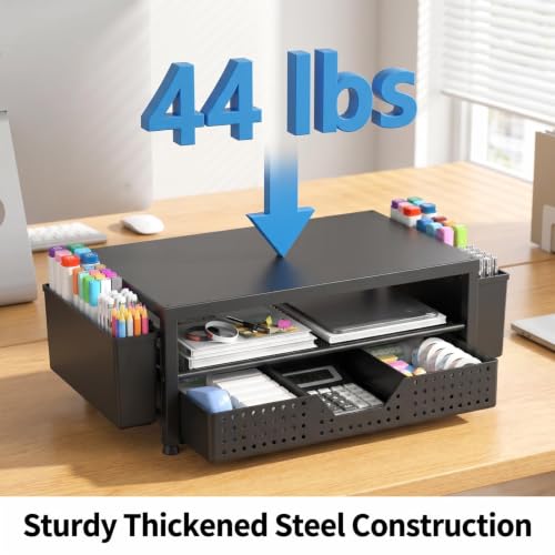 ECOLOVI Black 2-Tier Monitor Stand with Drawer & Pen Holders for Office Desk