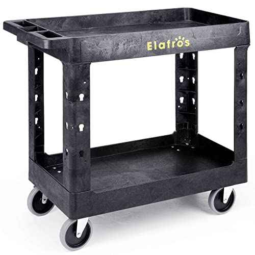 ELAFROS Heavy Duty Plastic Utility Cart 34 x 17 Inch - Work Cart Tub Storage W/Deep Shelves and Full Swivel Wheels Safely Holds up to 550 lbs - 2 Tier Service Cart for Warehouse,Garage, Cleaning