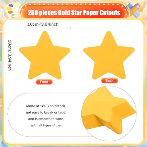 MixTeach 200 Pcs Gold Star Cutouts 4 Inch Paper Star Shapes Die Cut Yellow Double Sided Paper Star Classroom Decoration for Bulletin Board DIY Kids School Craft Projects Party Wall Decoration
