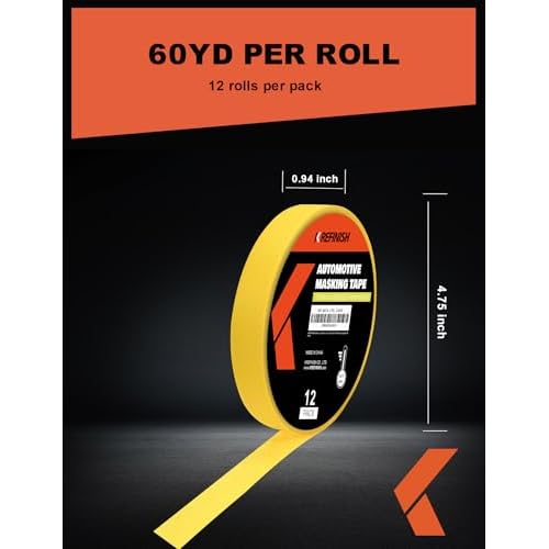 Painters Tape for Cars Vehicles Paint Tape Auto Body Yellow Masking Tape Heat Resistant Automotive Removable No Residue Painting Tape Bulk Set for Paint Booth, 0.94in-60 yards/12rolls