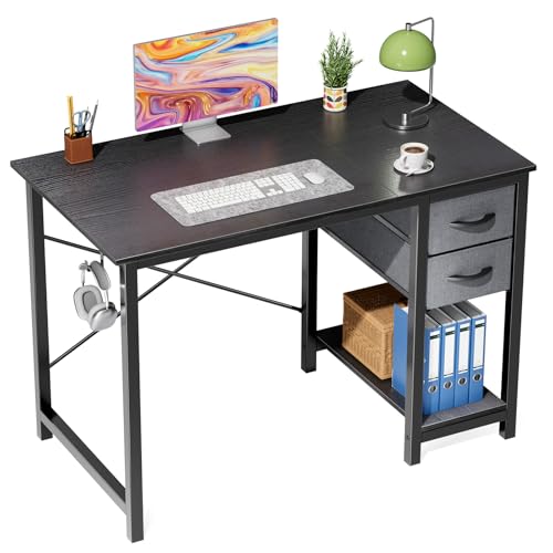 Sweetcrispy Ink 40-Inch Black Computer Desk with Drawers, Office Workspace