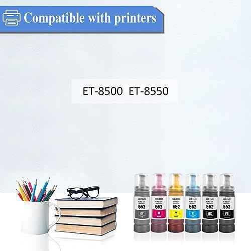552 Black Ink+ Dye Ink Color 552 Compatible Refill Bottle Ink Replacement 552 T552 Work ET-8500 ET-8550 Printers (6 Packs, BK/PBK/C/M/Y/GR 70ml)