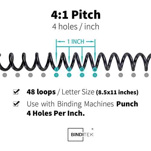 Binditek 100 Pack Plastic Spiral Binding Coils, 8mm(5/16"), 40 Sheet Capacity, 4:1 Pitch, Black, 48Loops, for Letter Size, for Students and Coworkers