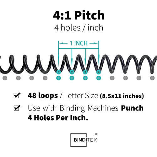 Binditek 8mm Plastic Spiral Binding Coils 4:1 Pitch 100 Pack Black - Fits Letter Size Projects