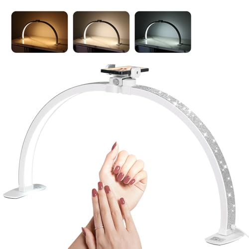 Janolia Half Moon Light for Nail Desk, 29In Nail Tech Lamp Table Light, 7 Color Modes, 10 Brightness for Tattoo/Eyelashes/Spa/Salon/Makeup, with Phone Holder