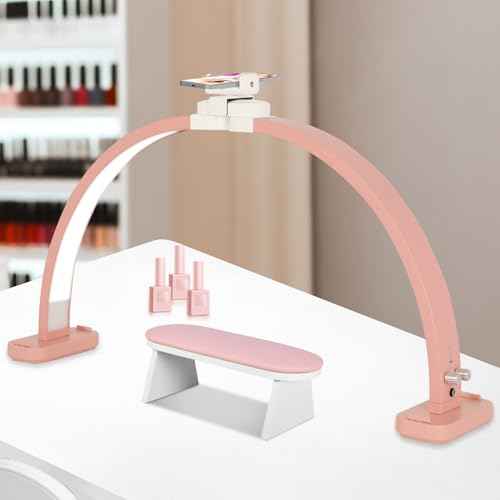 FAHKNS Half Moon Light for Nail Desk with Phone Holder, Upgraded 28-inch Foldable Half-Moon Lamp, LED Light for Manicure, Eyelash Extension, Tattooing, Craft, Pink