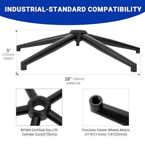 28" Office Chair Replacement Parts- Heavy Duty Base Replacement- 2500 Lbs Capacity Matte Black Metal Chair Legs with Universal Casters Sockets, for Most Office/Desk Chair