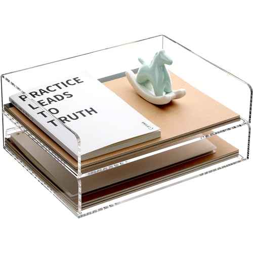 Paper Organizer for Desk,2 Tier Stackable Paper File Holder Tray,A4 Size Acrylic Desk Organizer Letter Tray,Desk Organizer/Accessories for Office Home School Organization-Clear