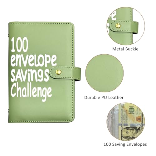 Whitefoxen Olive Green Money Saving Challenge Binder - 100 Envelopes & Tracker, Portable Budget Planner