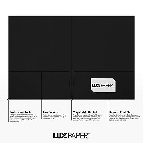 LUXPaper 9" x 12" Presentation Folders | Two Pocket | Front Cover Card Slits (Lower Right) | Deep Black Linen | 100lb. Cover | 25 Qty