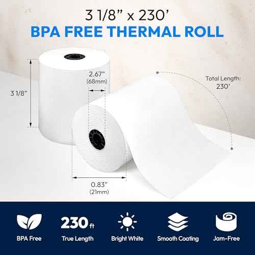 3 1/8" x 230' Thermal Paper (20 Rolls), BPA Free Receipt Paper, Fits Most Credit Card Machines POS & Cash Registers, High Compatibility, Bright White, Honeycomb Core, Durable Printing