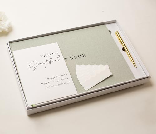 Real Linen Guest Book Set (Leaf) 11.5 x 8.5 with Embossed Cover, Sign Pen, 30 Photo Pockets, 120 Pages