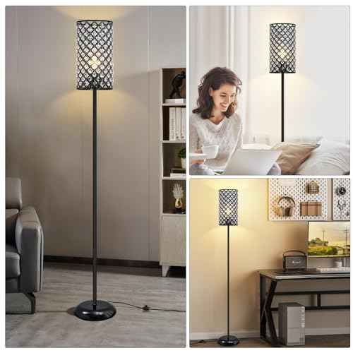 Crystal Floor Lamp, Modern Standing Lamp with Elegant Shade Black Floor Lamp with On/Off Foot Switch,Tall Pole Accent Lighting for Living Room, Girl Bedroom, Dresser, Office