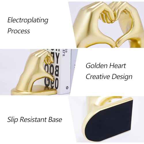Book Ends Heart Design for Mom, Gold Bookends for Shelves, Non-Skid Bookend, Heavy Duty Resin Book Stopper for Books, Decorative Holder, Gifts for Mother's Day 10.43 x 3.93 x 5.51¡¯¡¯, Gold