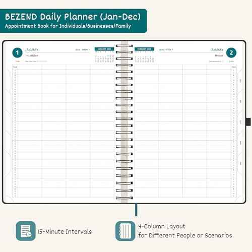 BEZEND Appointment Book 2026 Daily Planner, Quarter-Hourly in 4 Columns (Large-8.25" x 11.75") Page per Day Even Weekend, Monthly View with Tab & Weekly Schedule, PU Leather Softcover in Black