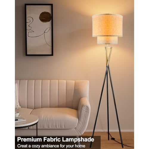 Lightdot Tripod Floor Lamp, Modern Floor Lamps for Living Room, Standing Lamp with Double Linen Shade, E26 Bulb Included, 67.7" Tall Floor Lamp for Bedroom, Home Office