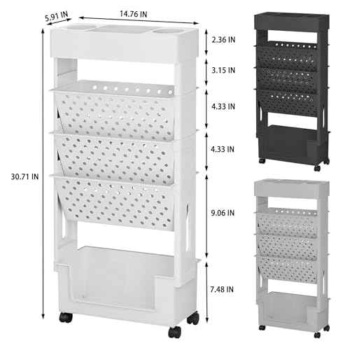 BYFU 5-Tier Movable Bookshelf Cart, Rolling File Paper Storage Organizer Mobile Bookcase with Wheels for Home Office Study Classroom, White