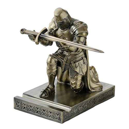 Medieval Templar Vanguard Officer Knight Pen Holder Pen Stand Desk Organizers and Accessories Resin Mobile Phone Stand as Gift for Office and Home Desk Organizer (Bronze)