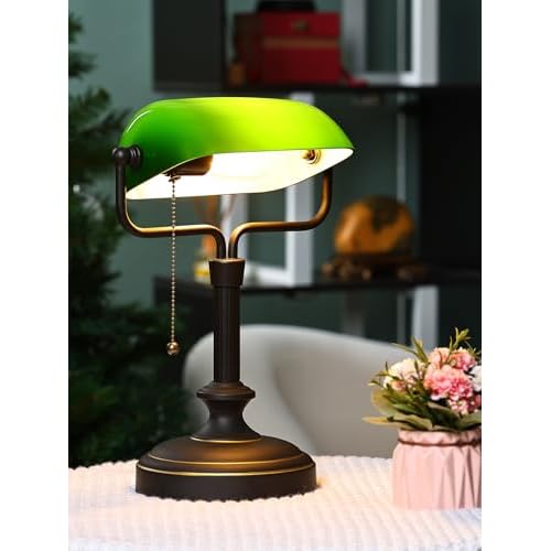 Traditional Banker's Desk Lamp with Glass Shade,Pull Chain Switch, LED Bulb Included (Antique Black+Green)