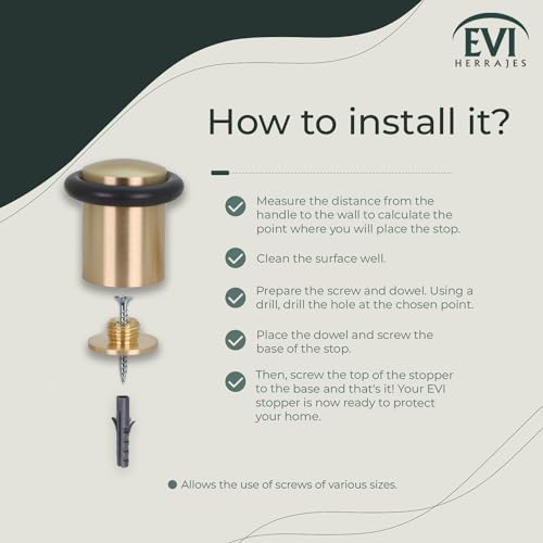 EVI Hardware | Door Stop | Threaded Base | Natural Silicone Rubber | Brass | Includes Screw + Fixing Plug | Mod. I-108 (Matt Brass - Black Rubber, 0,94x1,38¡§)