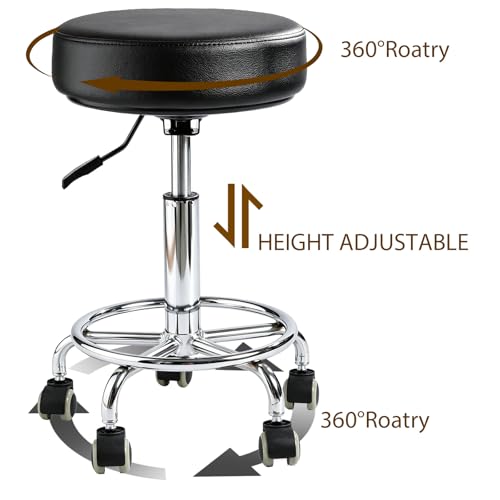 LIMKOMES Black Heavy-Duty Adjustable Rolling Stool with Wheels & Foot Ring