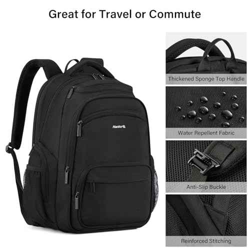 Hanke College Laptop Backpack Multi-Pocket, 18-Inch Large Travel Backpack for Men Women, Water Resistant College Bookbag for 15.6 Inch Laptop, Casual Daily Personal Item Size Airline Approved,Black
