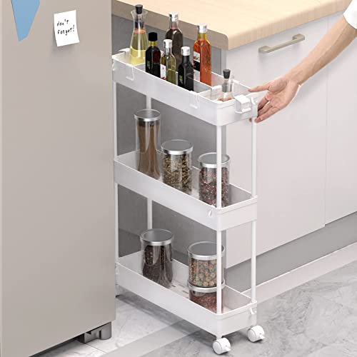 SPACELEAD White 3-Tier Slim Mobile Storage Cart for Kitchen, Bathroom, Office
