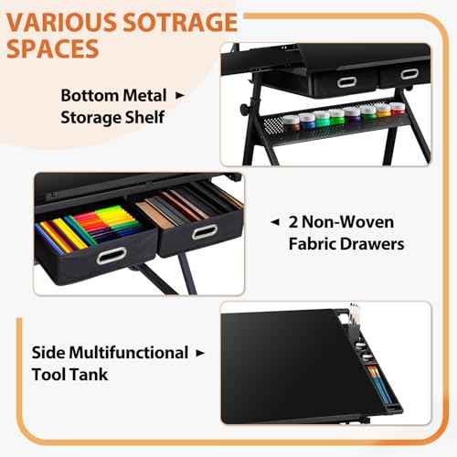 JupiterForce Drafting Table Art Desk w/Power Outlet and Stool, Adjustable Tilting Drawing Table Artist Desk with 2 Storage Drawers, Art Craft Work Station for Home Office Working, Writing, Crafting