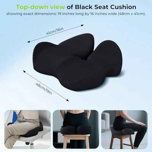 Seat Cushion,Office Chair Cushion for Sciatica,Ergonomic Memory Foam Seat Cushion for Car,Coccyx Cushion,Sciatica & Back Support,19" x 16" All Day Comfort Black Chair Cushion