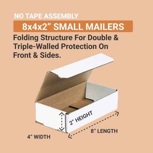 AVIDITI Corrugated Mailing Mailer Boxes Small 8" x 4" x 2" (50 Pack) Cardboard Shipping Box for Packaging Moving Packing Storage - White, 50 Pack