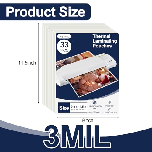 Joyberg 33 PCS Laminating Sheets 9x11.5 inch, 3 Mil Plastic Laminate Sheets for Office & School