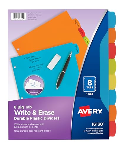 Avery Write & Erase Plastic Dividers Set of 8 - Multicolor, 8-Tab, Reusable