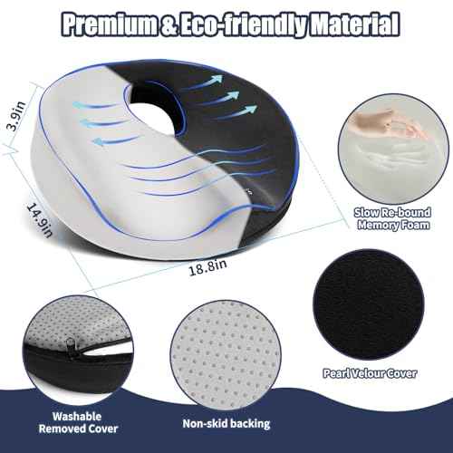 SAHEYER Donut Pillow for Tailbone Pain Relief and Hemorrhoids, Memory Foam Donut Cushion for Sciatica Nerve, Seat Cushion Butt Pillow for Men Women at Home Office Chair Car Long Sitting Comfort, Black