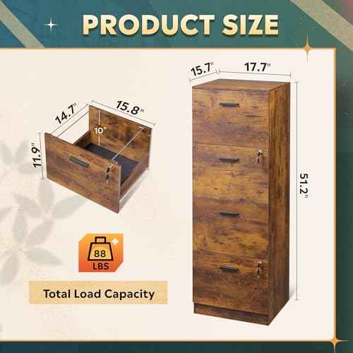 DEVAISE 4 Drawer File Cabinet with Lock, Vertical Filing Cabinet for A4/Letter Size Files, Wood Storage Organizer for Home Office, Rustic Brown