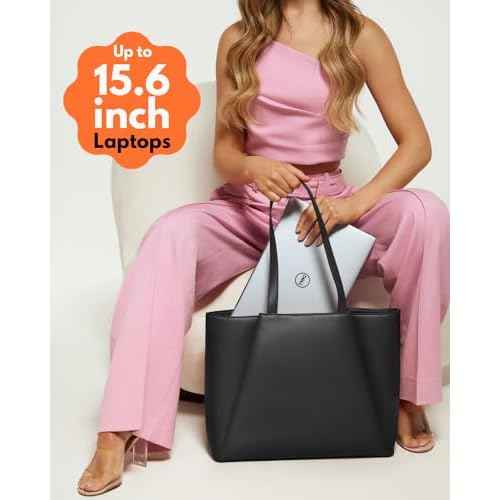 Work Tote Bags for Women 15.6 Inch - Laptop Tote Bag with Zip Compartments - Large PU Leather Office Purse Computer Briefcase