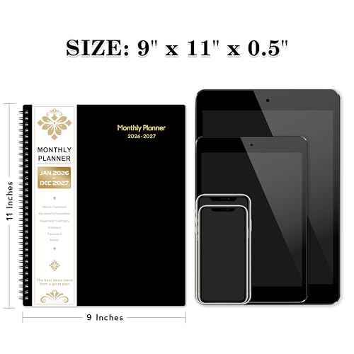 2026-2027 Monthly Planner/Calendar - 2 Year Monthly Planner 2026-2027, Jan.2026 - Dec.2027, 9" x 11", 2 Years Calendar 26-27 with Tabs,+Contacts + Back Pocket + Twin-wire Binding - Black