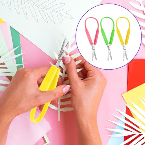 Telooco 3Pcs Children's Safety Loop Scissors with Colorful Handles – Green, Yellow, Pink, 5.5 Inch