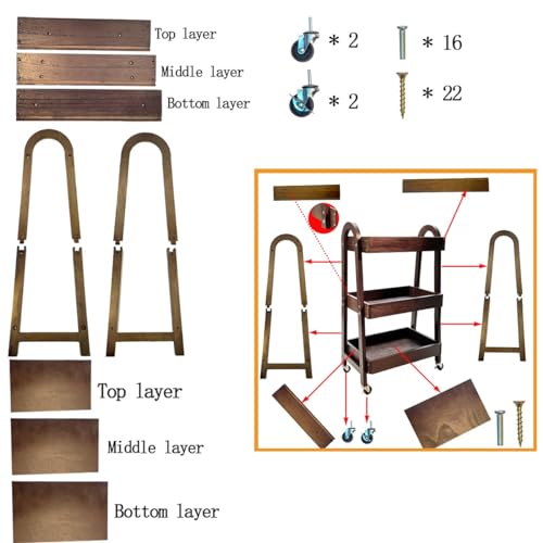 3-Tier Wooden Rolling Cart- Wooden Utility Cart wit Wheels- Utility Rolling Cart-Storage Trolley Organizer- Rolling Kitchen Cart Serving Cart for Office,Kitchen, Kids' Room (Walnut Color)